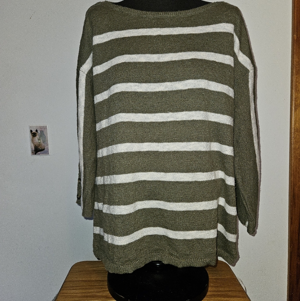 Talbots Striped Bateau Neck Half Sleeve Sweater in Olive and White XL